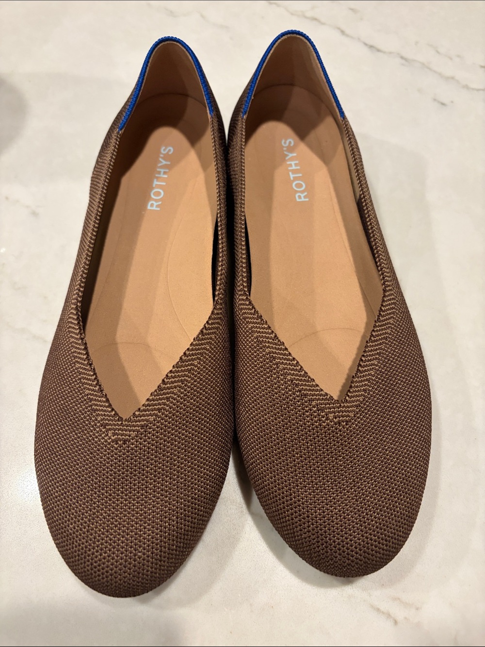Rothy's Brown Knit V-Cut Flats with Blue Trim
